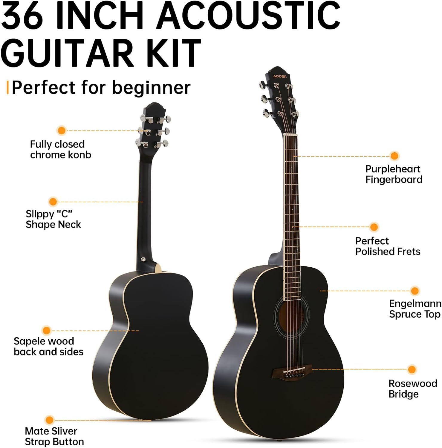 AODSK Acoustic Guitar Beginner 36 Inch 3/4 Junior Size Spruce Top Guitarra Bundle Kit with Gig Bag Tuner Capo Picks String Strap,Right Hand Natural,AG-36OM