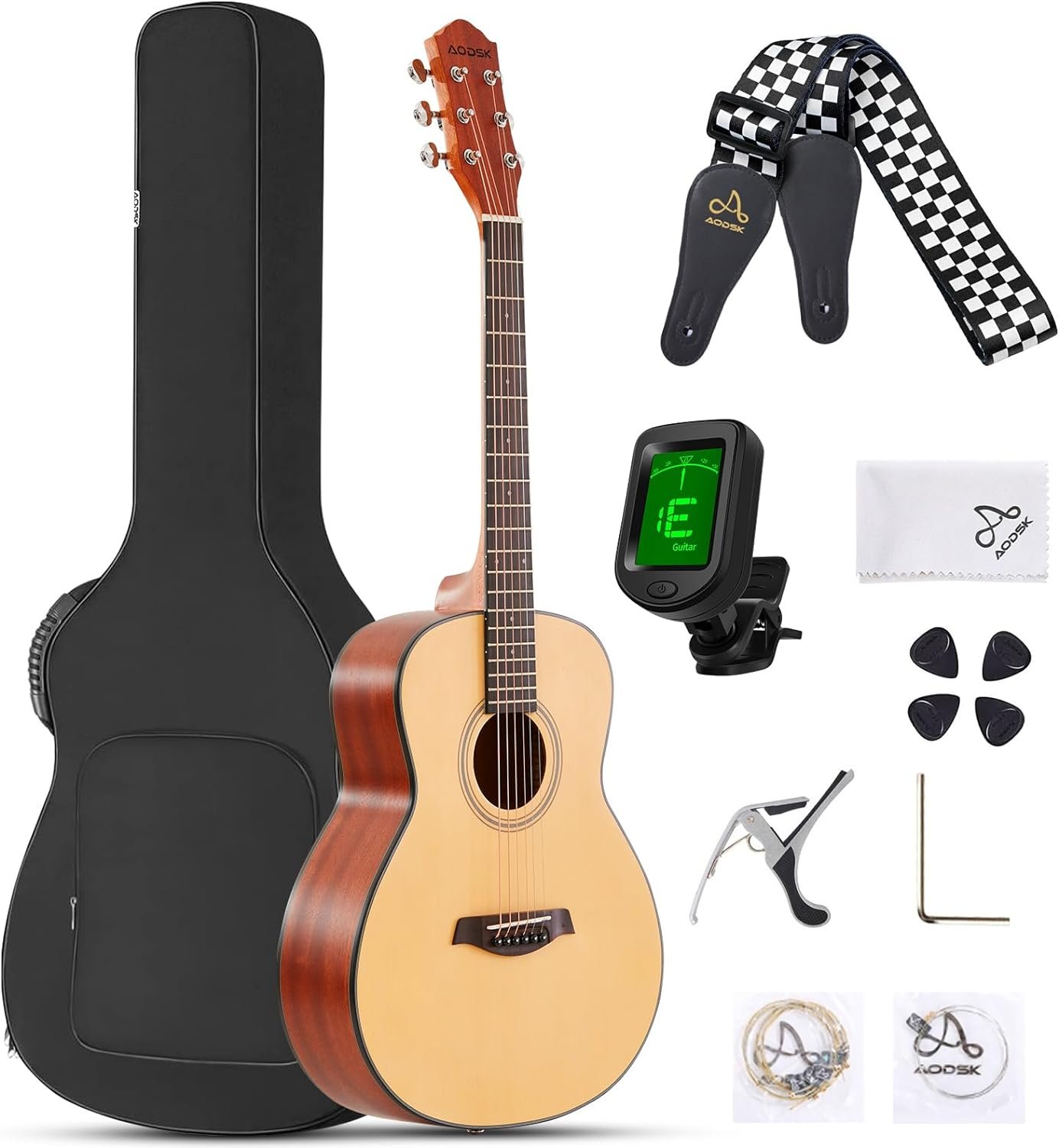 AODSK Acoustic Guitar Beginner 36 Inch 3/4 Junior Size Spruce Top Guitarra Bundle Kit with Gig Bag Tuner Capo Picks String Strap,Right Hand Natural,AG-36OM