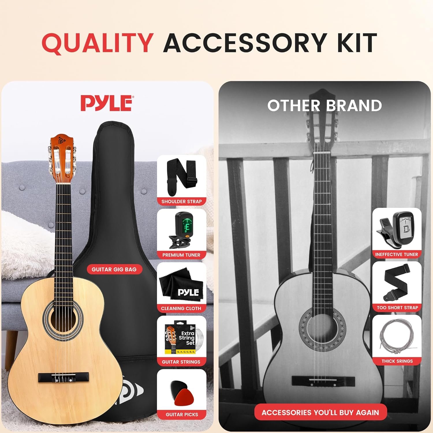 Pyle Beginner Acoustic Guitar Kit, 3/4 Junior Size All Wood Instrument for Kids, Adults, 36 Natural Ash