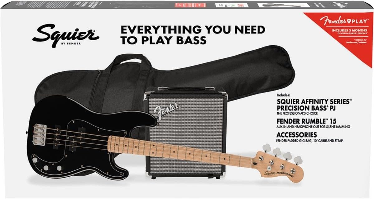 Squier by Fender Precision Bass Guitar Kit, Affinity Series, Laurel Fingerboard, Black, Poplar Body, Maple Neck, with Guitar Bag and Rumble 15 Amp Bass Amp, Cable, Guitar Strap and More