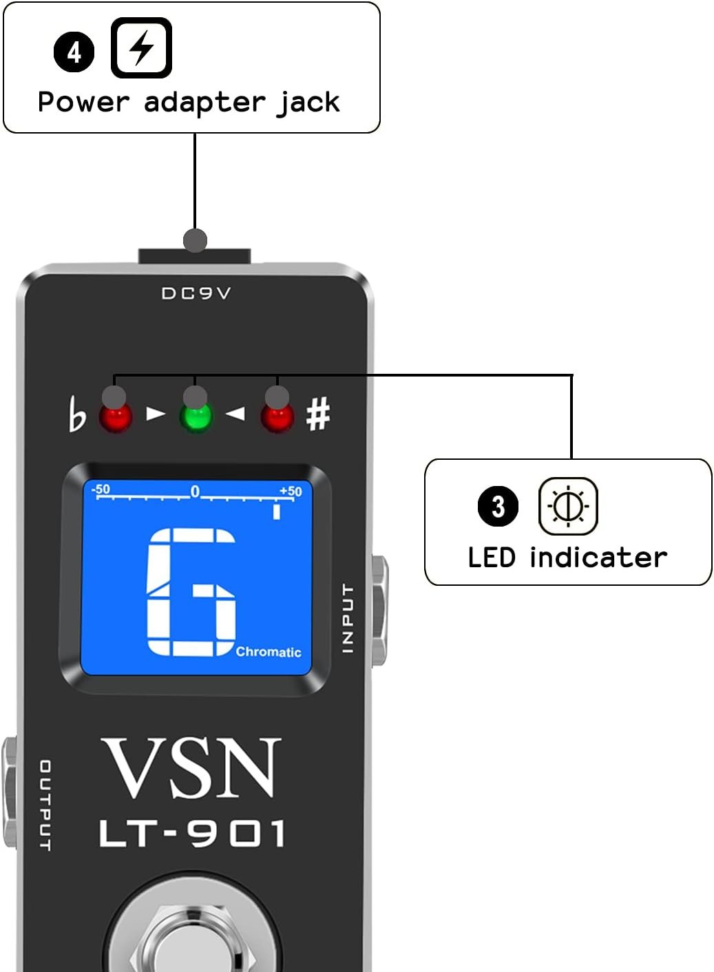 VSN Tuner Pedal,Guitar Chromatic Tuner Pedal for High Precision ± 1 Cent with Pitch Indicator for Electric Guitar and Bass True Bypass LT-901
