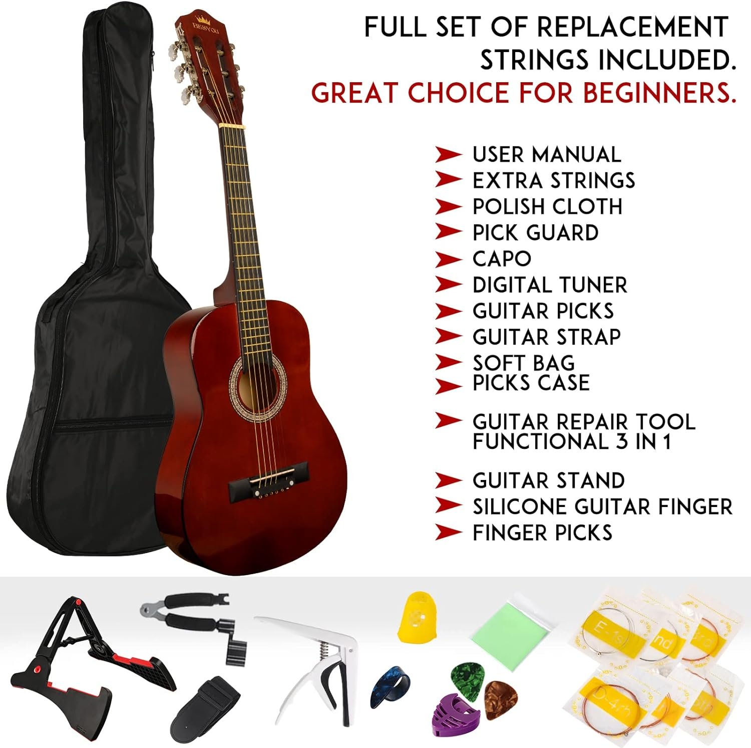 BESYOU Acoustic Guitar 38 Wood Guitar with starter kit-Travel Gig Bag, Tuner,guitar pick with Beginner Set for Kids/Adults -Natural