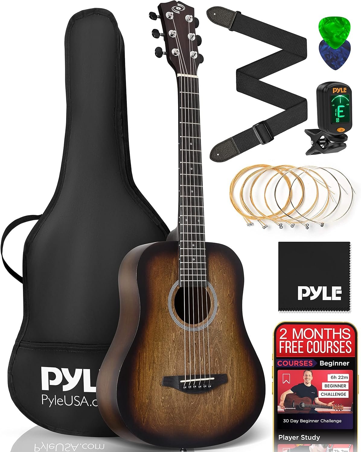 Pyle Acoustic Guitar Kit, 3/4 Junior Size All Wood Steel String Instrument for Beginner Kids, Adults, 36 Brown Burst Matte