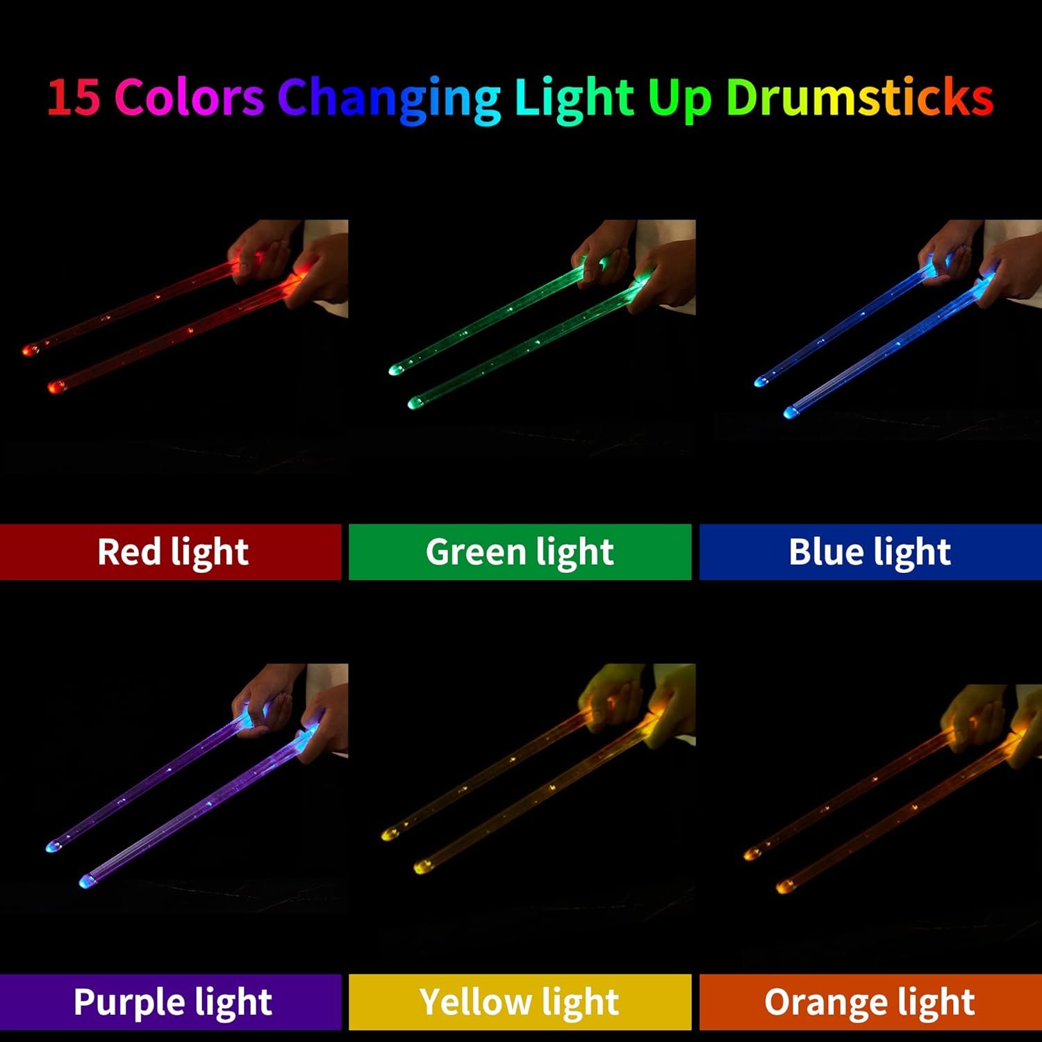 Rechargeable 15 Color Changing LED Light Up Drum Sticks With Storage Bag, Glow In The Dark Drumsticks, Drummer Gifts Glow Plastic Drum Sticks for Adults,Personalized Drum Sticks（２pcs／Pack）