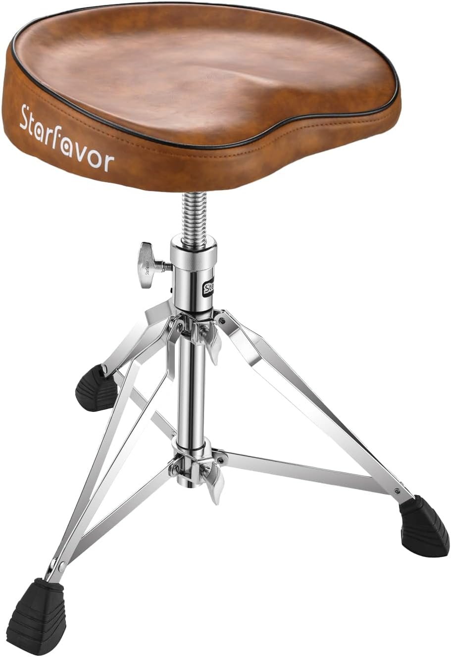 Starfavor Drum Throne Height Adjustable Padded Seat Drum Stool, with Double Braced Anti-Slip Feet Swivel Drum Chair, Butt Shape, Brown, ST-550BR