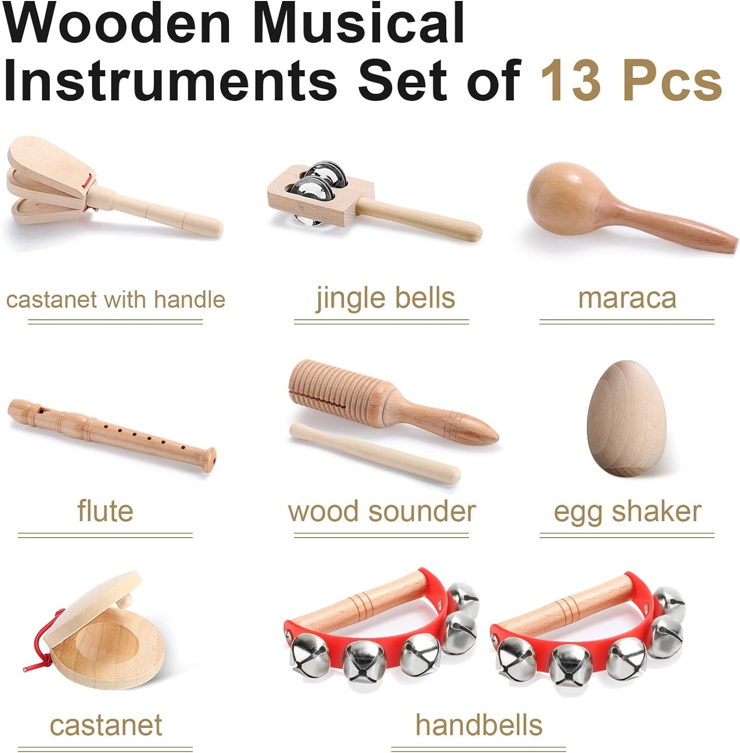 Chumia Kids Musical Instruments Set Wooden Percussion Instruments Preschool Educational Early Learning Music Toys Set for Little Boys and Girls Toddler Children Gifts (Drum,13 Pcs)