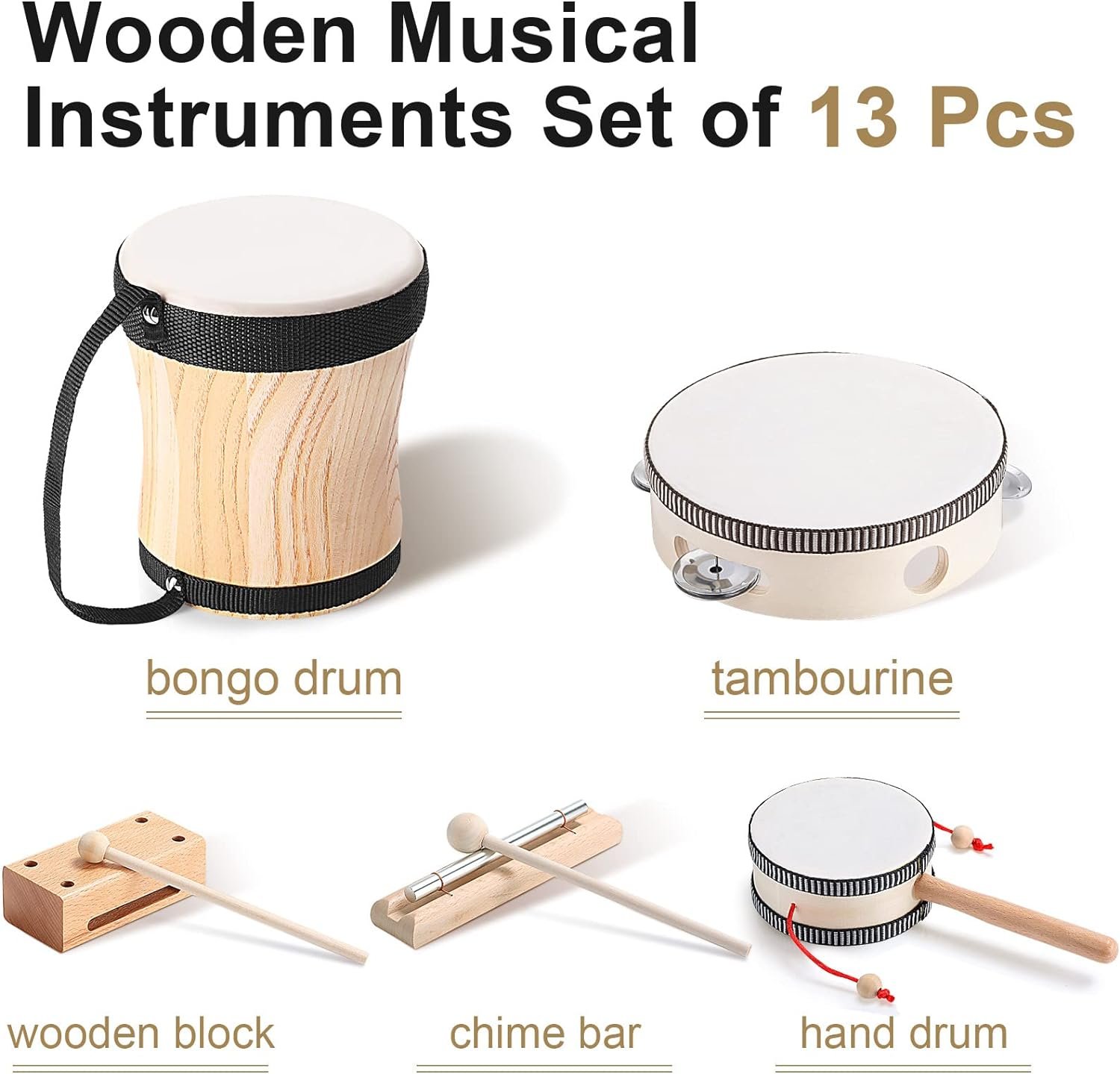 Chumia Kids Musical Instruments Set Wooden Percussion Instruments Preschool Educational Early Learning Music Toys Set for Little Boys and Girls Toddler Children Gifts (Drum,13 Pcs)
