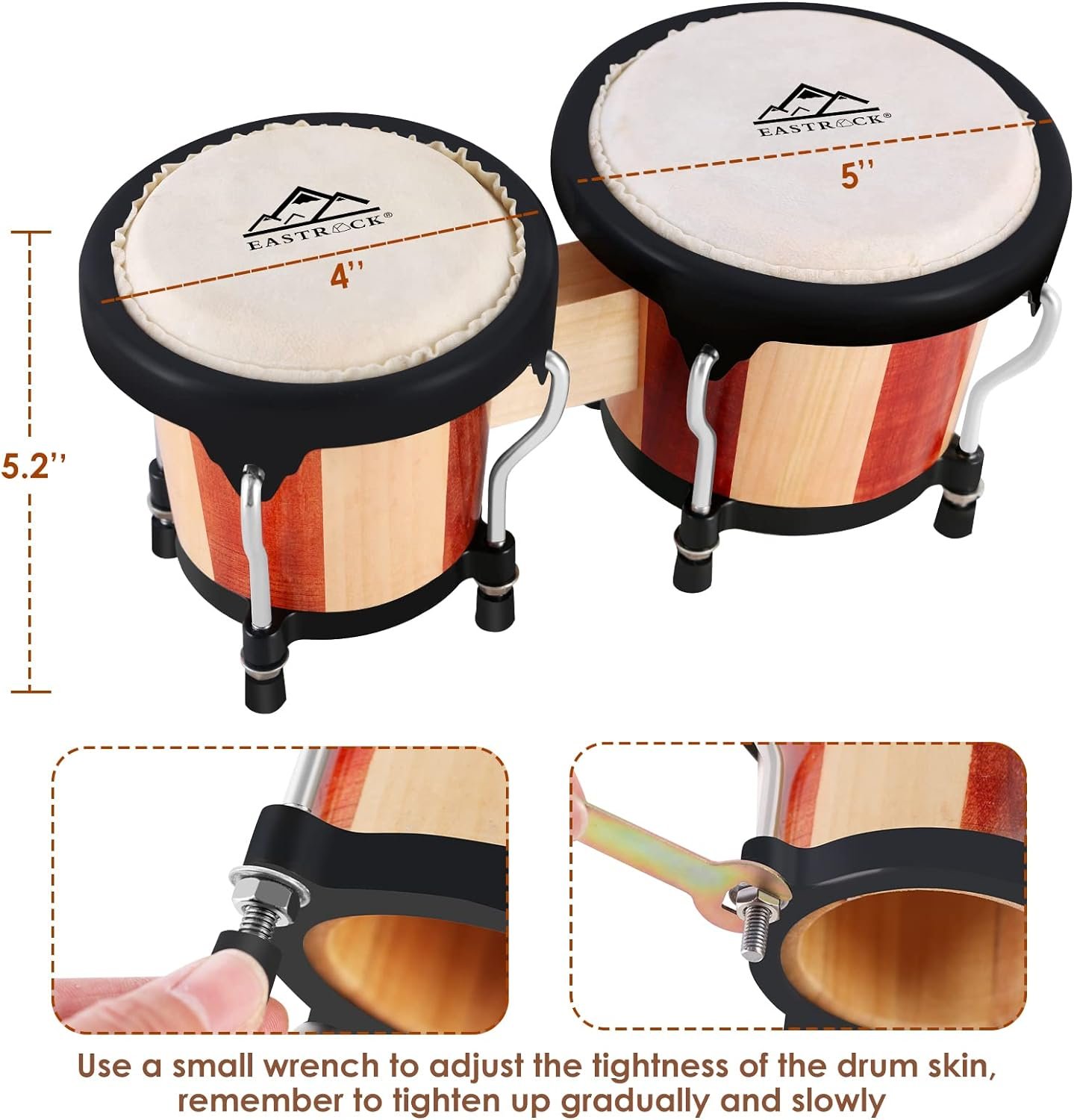 EastRock Bongo Drum 4” and 5” Set for Adults Kids Beginners Professionals Tunable Wood and Metal Drum Percussion Instruments With Tuning Wrench