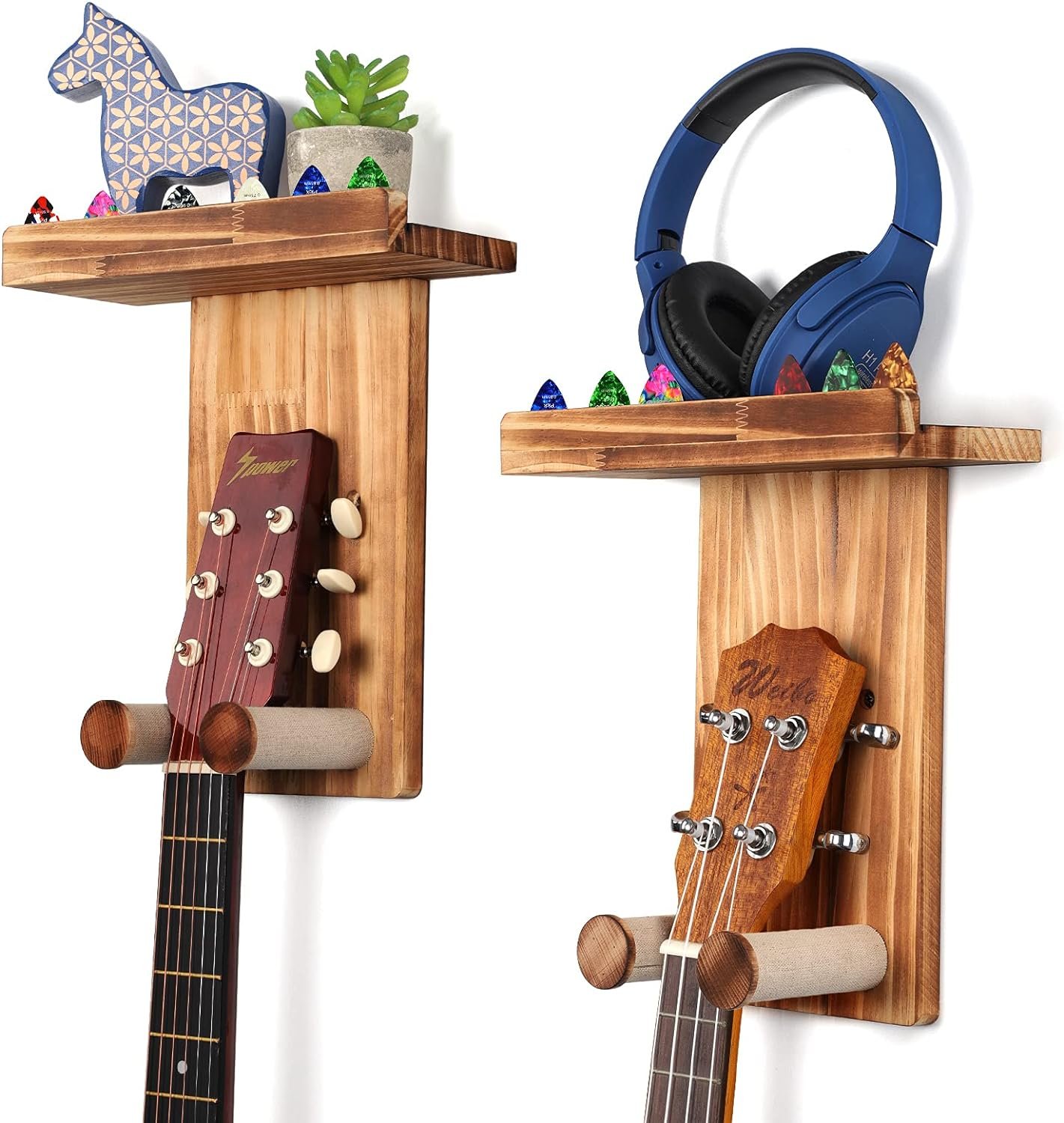 Keebofly Guitar Wall Mount,2 Pack Guitar Wall Hangers Holder Guitar Hanger Shelf with Pick Holder Wood Guitar Rack for Acoustic or Electric Guitar,Ukulele,Bass,Mandolin Brown,[Patented]