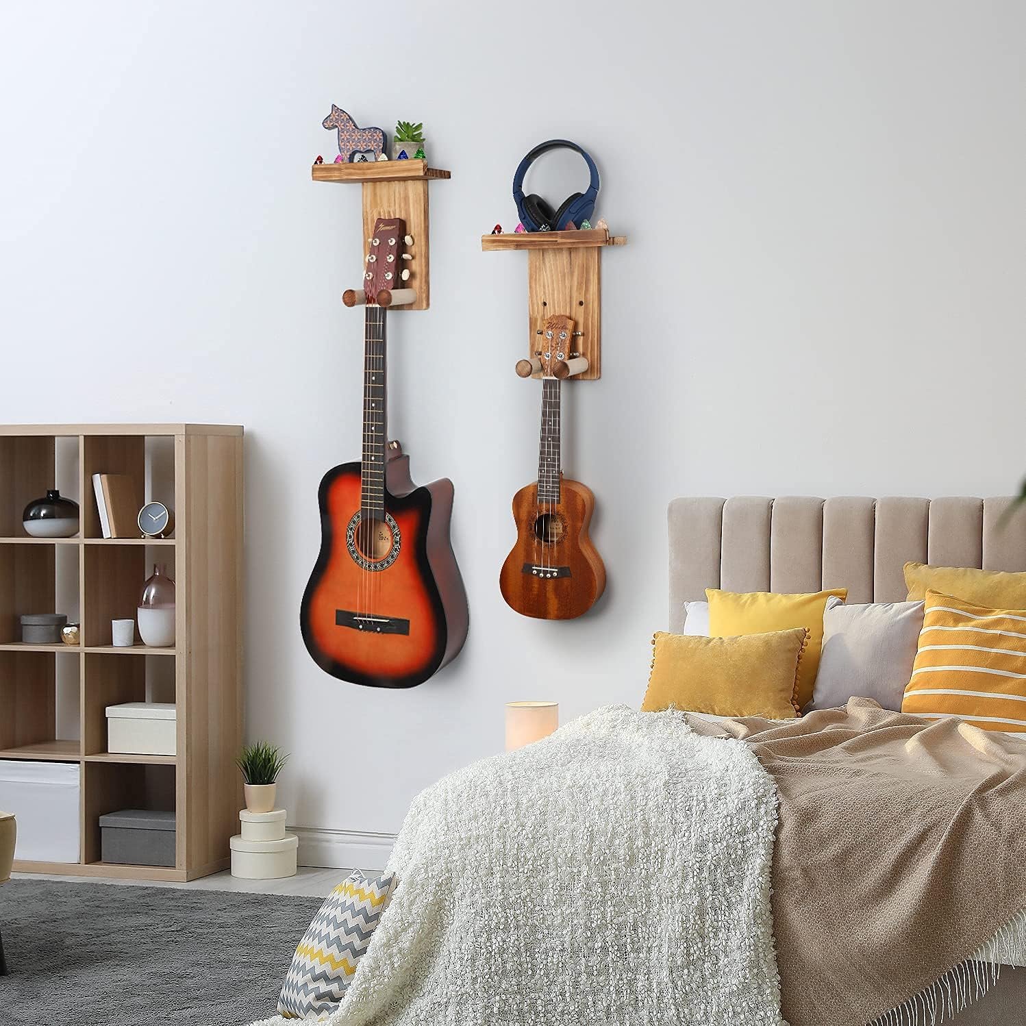 Keebofly Guitar Wall Mount,2 Pack Guitar Wall Hangers Holder Guitar Hanger Shelf with Pick Holder Wood Guitar Rack for Acoustic or Electric Guitar,Ukulele,Bass,Mandolin Brown,[Patented]