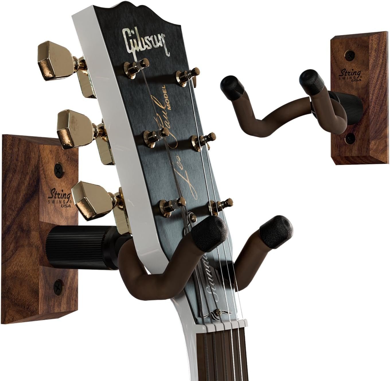 String Swing Guitar Wall Mount 2 Pack, Guitar Hangers, Wall Guitar Mount, Guitar Holder Hook for Wall, Fits All Size Guitars, Acoustic, Electric, Bass, Black Walnut Hardwood - Made in USA