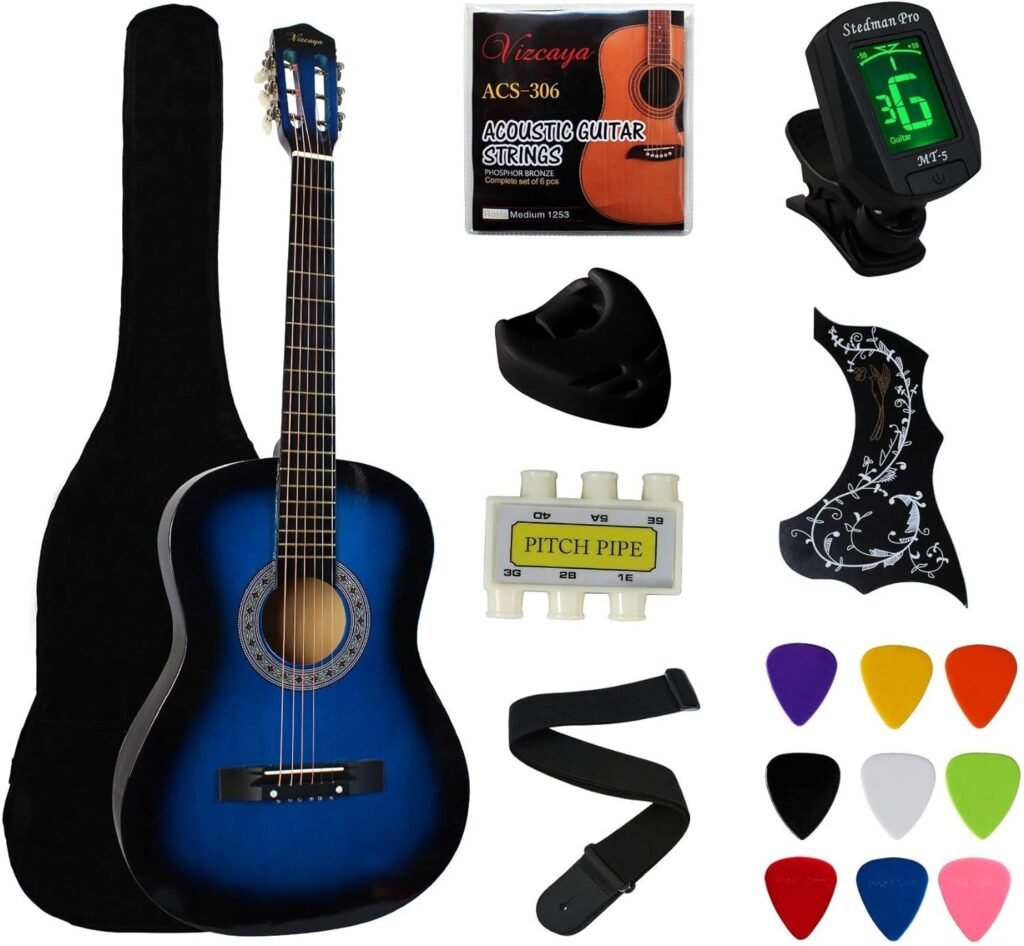 38 Blue Beginner Acoustic Guitar Starter Package Student Guitar with Gig Bag,Strap, 3 thickness 9 Picks,2 Pickguards,Pick Holder, Extra Strings, Electronic Tuner -Blue