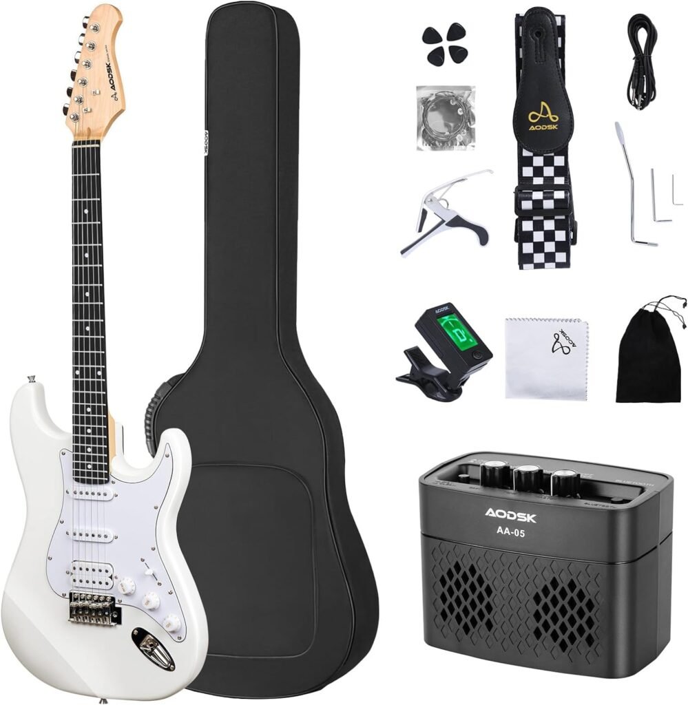 AODSK Electric Guitar with Amp Beginner Kit 39 Inch Solid Body Full Size,HSS Pick Up,All Accessories,Digital Tuner,Six Strings,Four Picks,Tremolo Bar,Strap,Gig Bag,Starter kit -Blue