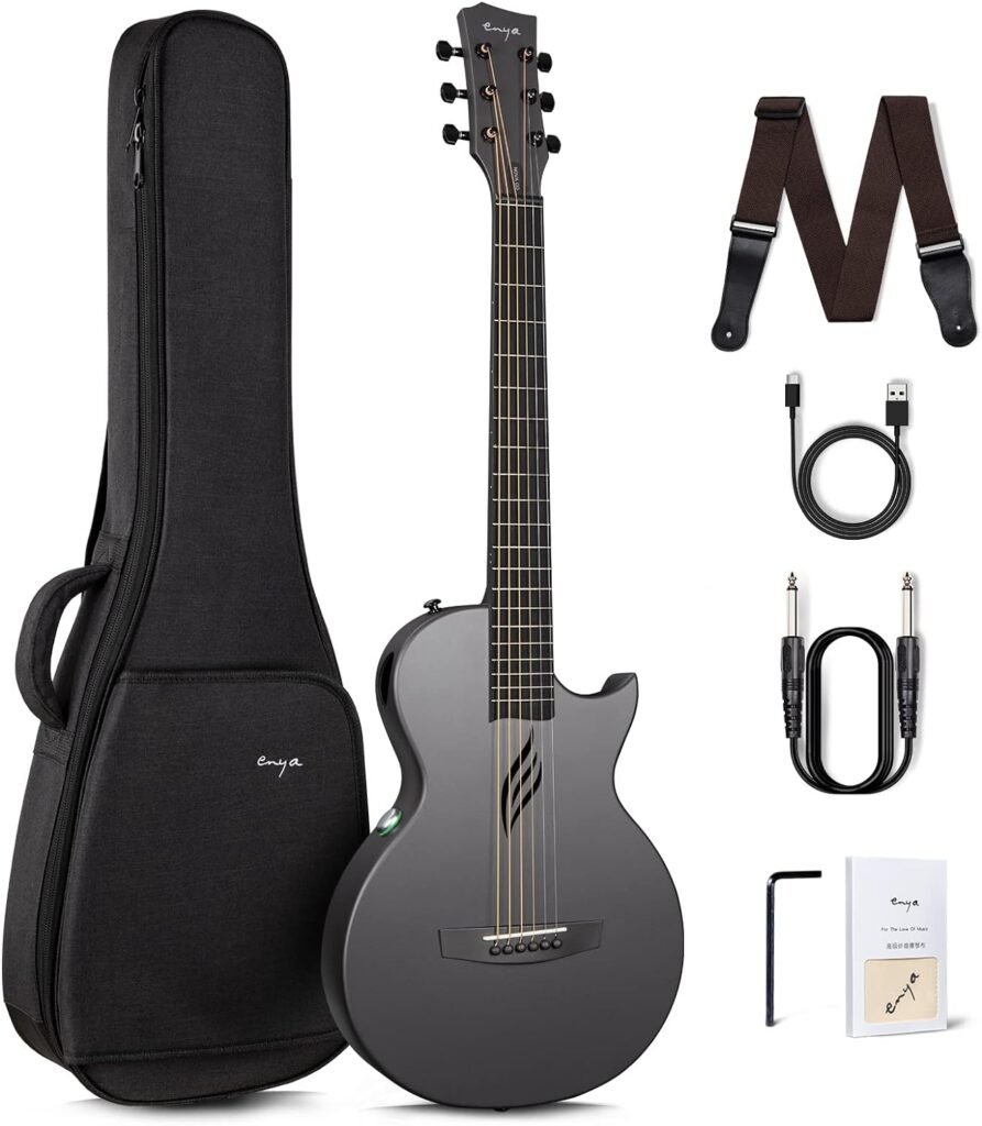 Enya NOVA Go SP1 Carbon Fiber Acoustic Electric Guitar with Smart AcousticPlus 35 Inch Travel Acustica Guitarra Starter Bundle Kit of Gig Bag, Strap, Strings, Charging Cable, Instrument Cable(Black)