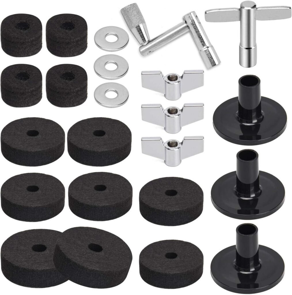 Facmogu 23PCS Cymbal Replacement Accessories, Cymbal Stand Felts, Drum Cymbal Felt Pads Include Wing Nuts, Washers, Cymbal Sleeves  Drum Key - Gray