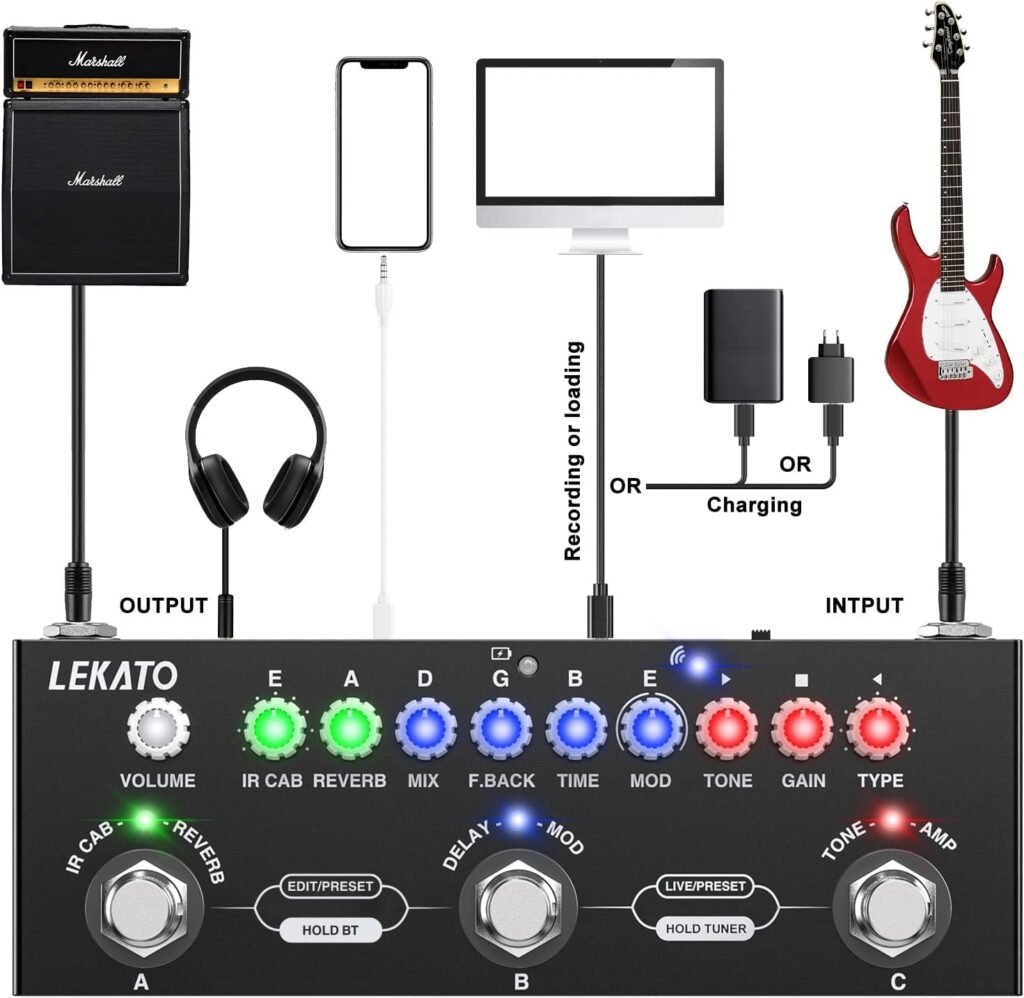 LEKATO Multi Effects Guitar Pedal, with IR Loading 9 AMP Models, Delay Reverb Distortion Overdrive, Rechargable Electric Guitar Effects Multi Pedal Support Recording,Bluetooth 5.0