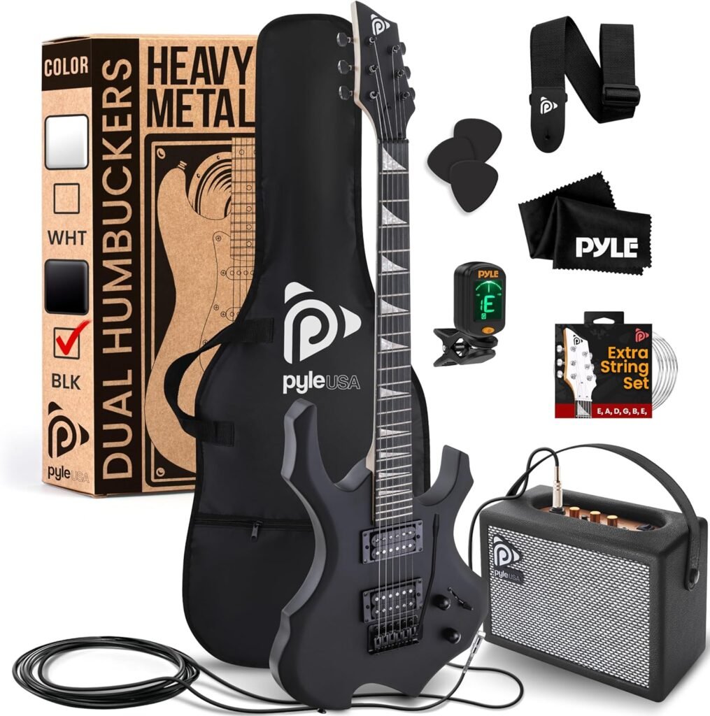 Pyle Heavy Metal EG Fire Electric Guitar Axe w/ Amplifier Kit, Full Size Instrument w/ Practice Amp  Accessories, Black Matte